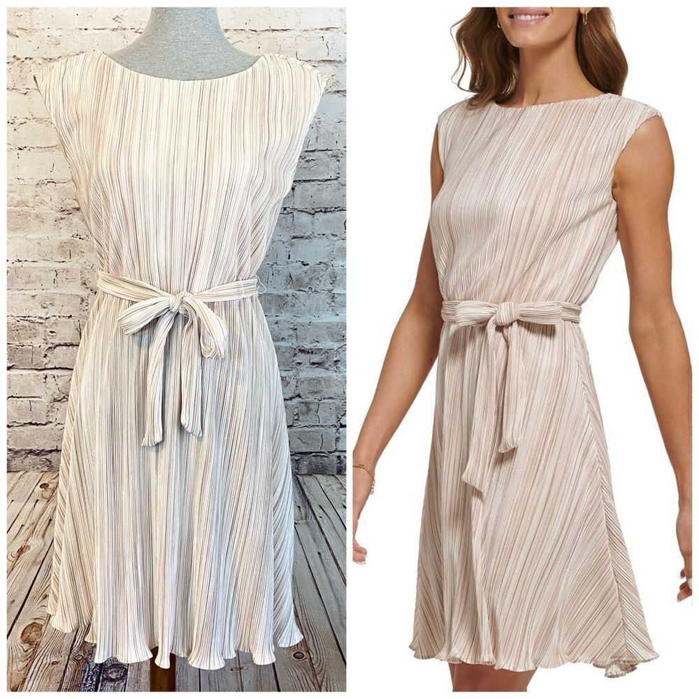 DKNY Cap Sleeve Pleated Jersey Dress Cream Gold Stripe Waist Tie Women’s Size 10